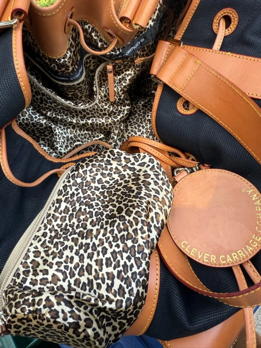 Clever Carriage Company XL Drawstring Tote with Front Basket Detail.